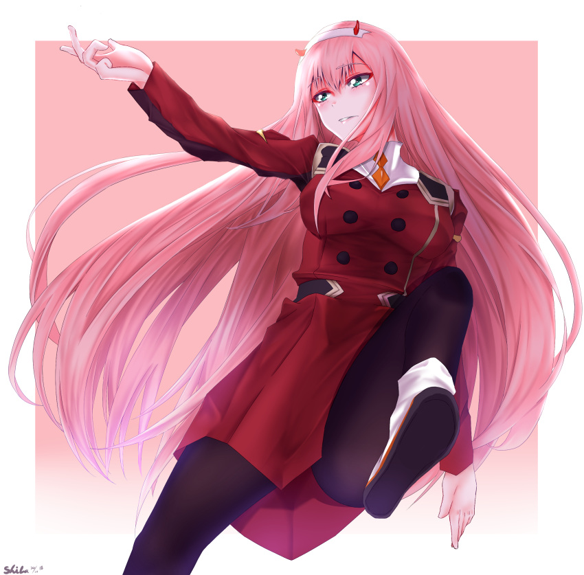 1girl absurdres black_pants boots darling_in_the_franxx dress eyebrows_visible_through_hair floating_hair from_below green_eyes hair_between_eyes hairband highres horns leg_up long_hair outstretched_arm pants parted_lips pink_hair red_dress signature solo very_long_hair white_hairband zero_two_(darling_in_the_franxx)