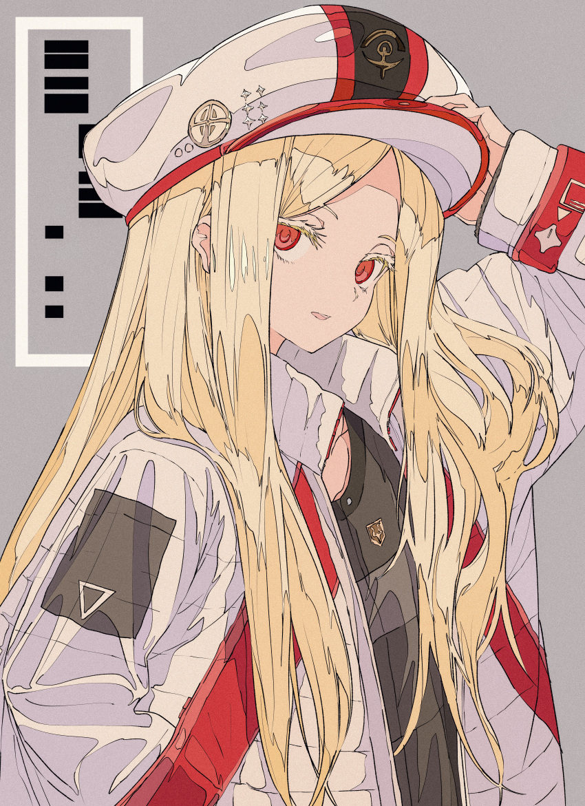 1girl absurdres arm_up bangs black_shirt blonde_hair colored_eyelashes commentary_request forehead grey_background hand_in_pocket hand_on_headwear hat head_tilt highres huge_filesize jacket kogecha_(coge_ch) long_hair long_sleeves looking_at_viewer military_hat open_clothes open_jacket original parted_bangs parted_lips peaked_cap red_eyes shirt sleeves_past_wrists solo upper_teeth very_long_hair white_hat white_jacket