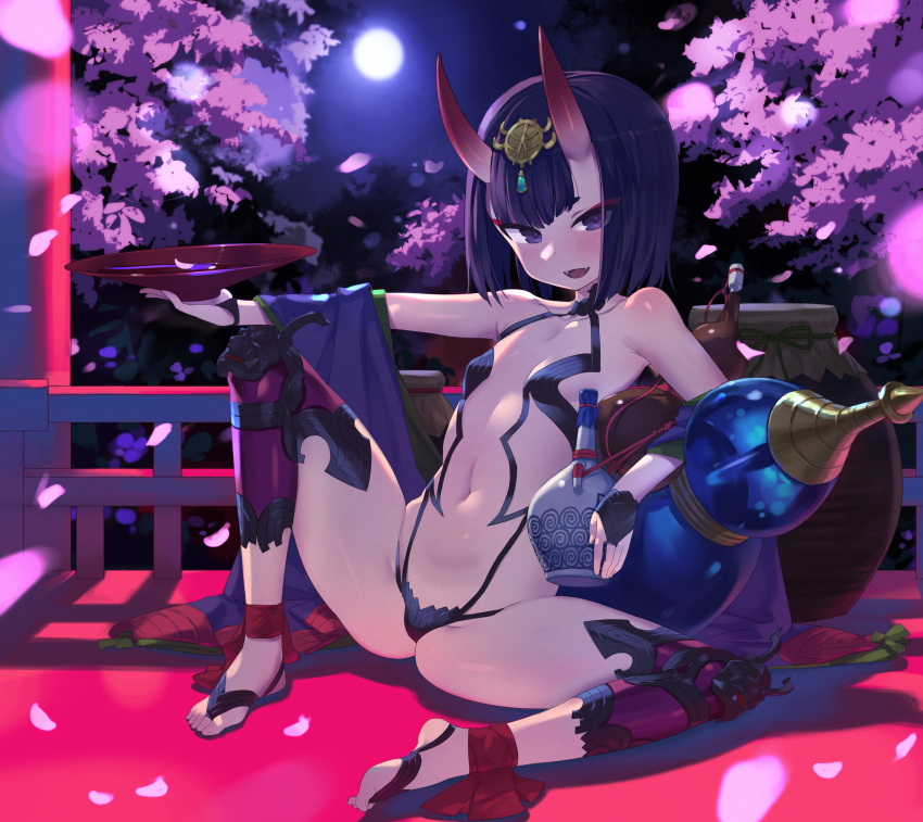 1girl :d ankle_ribbon arm_up ass black_gloves breasts bridal_gauntlets cherry_blossoms circlet commentary cup eyebrows_visible_through_hair eyeliner fangs fate/grand_order fate_(series) fingerless_gloves full_moon gloves gourd groin highres horns japanese_clothes kylin looking_at_viewer makeup moon navel night oni_horns open_mouth outdoors petals purple_hair revealing_clothes ribbon sakazuki short_hair shuten_douji_(fate/grand_order) small_breasts smile solo spread_legs thigh-highs toeless_legwear violet_eyes