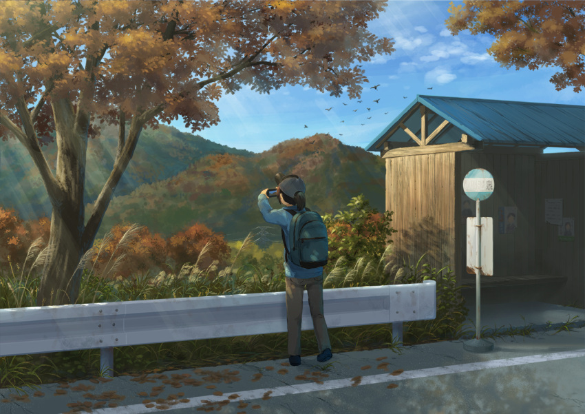 1girl backpack bag bird black_hair cellphone cellphone_camera day from_behind guard_rail hat hirose_yuki holding holding_cellphone holding_phone original outdoors phone road road_sign scenery short_hair short_ponytail sign sky solo tree