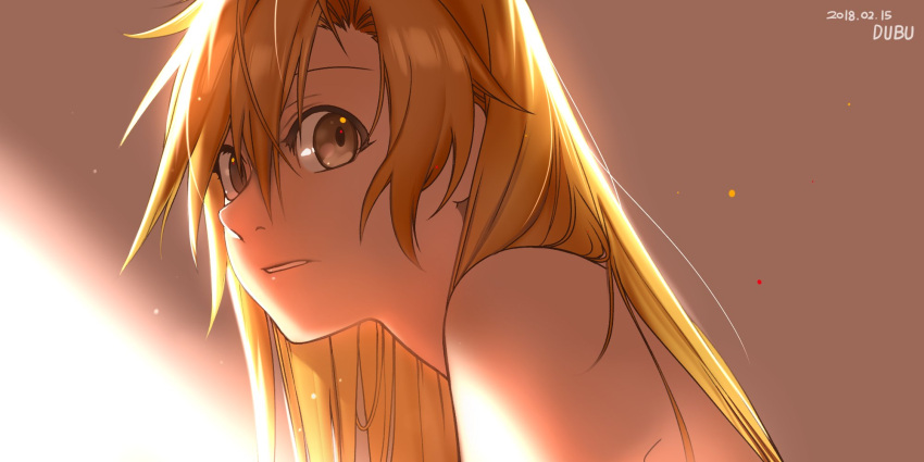 1boy 2018 alphonse_elric androgynous artist_name bare_shoulders blonde_hair brown_eyes close-up commentary covering dated expressionless eyelashes face fullmetal_alchemist glowing gradient gradient_background grey_background highres long_hair looking_away male_focus messy_hair multicolored multicolored_eyes nude nude_cover orange_eyes red_eyes shaded_face simple_background sunlight upper_body white_background