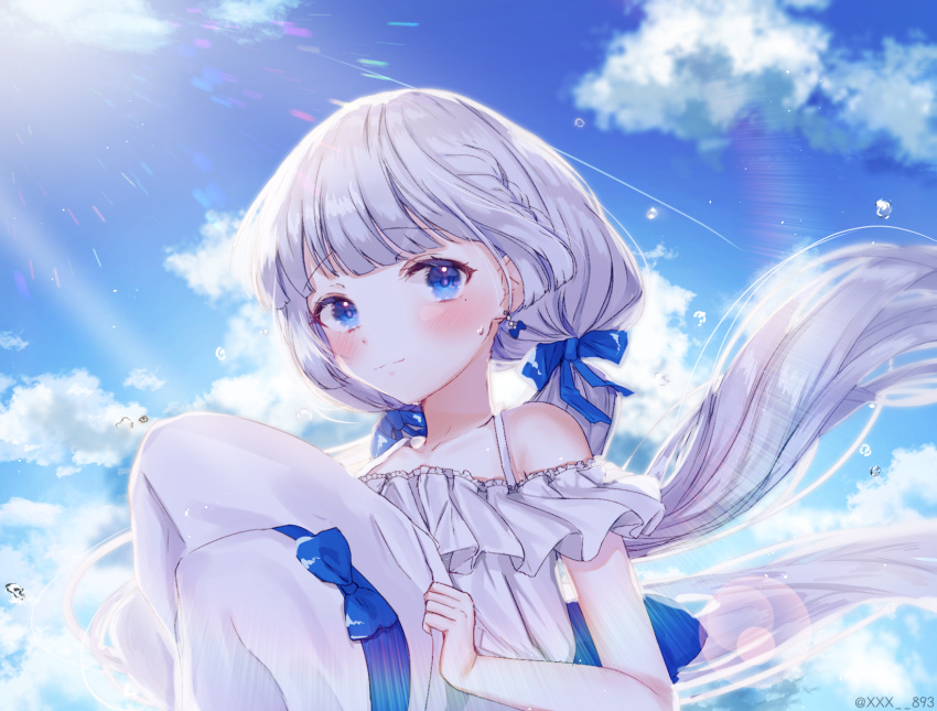 1girl alternate_costume azur_lane bangs blue_eyes blue_sky blush braid casual closed_mouth clouds collarbone day dress earrings eyebrows_visible_through_hair french_braid hair_ornament hat hat_removed headwear_removed highres holding holding_hat illustrious_(azur_lane) jewelry long_hair looking_at_viewer low_twintails mole mole_under_eye nacho outdoors sky smile solo sun_hat sunlight sweatdrop twintails twitter_username water_drop white_dress white_hair white_hat younger