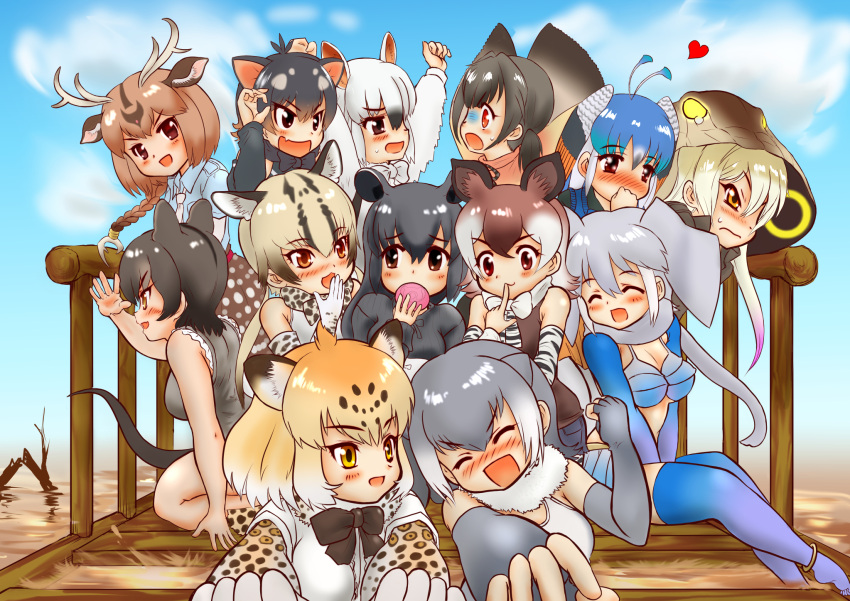 &gt;:( &gt;:d 6+girls ^_^ african_elephant_(kemono_friends) animal_ears antlers aqua_hair arms_up ascot axis_deer_(kemono_friends) bangs bare_arms bare_shoulders bikini_top bird_wings black_hair blonde_hair blue_hair blue_shirt blush bow bowtie braid brown_eyes brown_hair claw_pose clenched_hand closed_eyes closed_eyes closed_mouth collared_shirt commentary_request covering_mouth day deer_ears detached_sleeves elbow_gloves elephant_ears expressive_clothes extra_ears eyebrows_visible_through_hair fang finger_to_another's_mouth fingerless_gloves fist_pump food foreshortening fossa_(kemono_friends) fossa_ears fossa_tail frilled_lizard_(kemono_friends) fur_collar gloves glowing grey_hair hair_between_eyes hakumaiya hand_to_own_mouth hand_up head_wings heart highres holding holding_food hood hood_up jaguar_(kemono_friends) jaguar_ears jaguar_print japari_bun kemono_friends king_cobra_(kemono_friends) kneeling long_hair long_sleeves looking_afar looking_at_another malayan_tapir_(kemono_friends) multicolored_hair multiple_girls necktie nose_blush ocelot_(kemono_friends) ocelot_ears ocelot_print okapi_(kemono_friends) okapi_ears open_mouth orange_eyes otter_ears outdoors pantyhose pantyhose_under_shorts peafowl_(kemono_friends) pink_hair platinum_blonde print_gloves print_neckwear red_eyes scarf shiny shiny_hair shirt short_hair short_over_long_sleeves short_sleeves shorts sidelocks single_braid sitting skirt sleeveless sleeveless_shirt small-clawed_otter_(kemono_friends) smile southern_tamandua_(kemono_friends) standing swimsuit tail tamandua_ears tapir_ears tasmanian_devil_(kemono_friends) tasmanian_devil_ears tearing_up thigh-highs turn_pale twintails two-tone_hair v-shaped_eyebrows water watercraft white_hair white_neckwear white_shirt wings yellow_eyes yuri |d