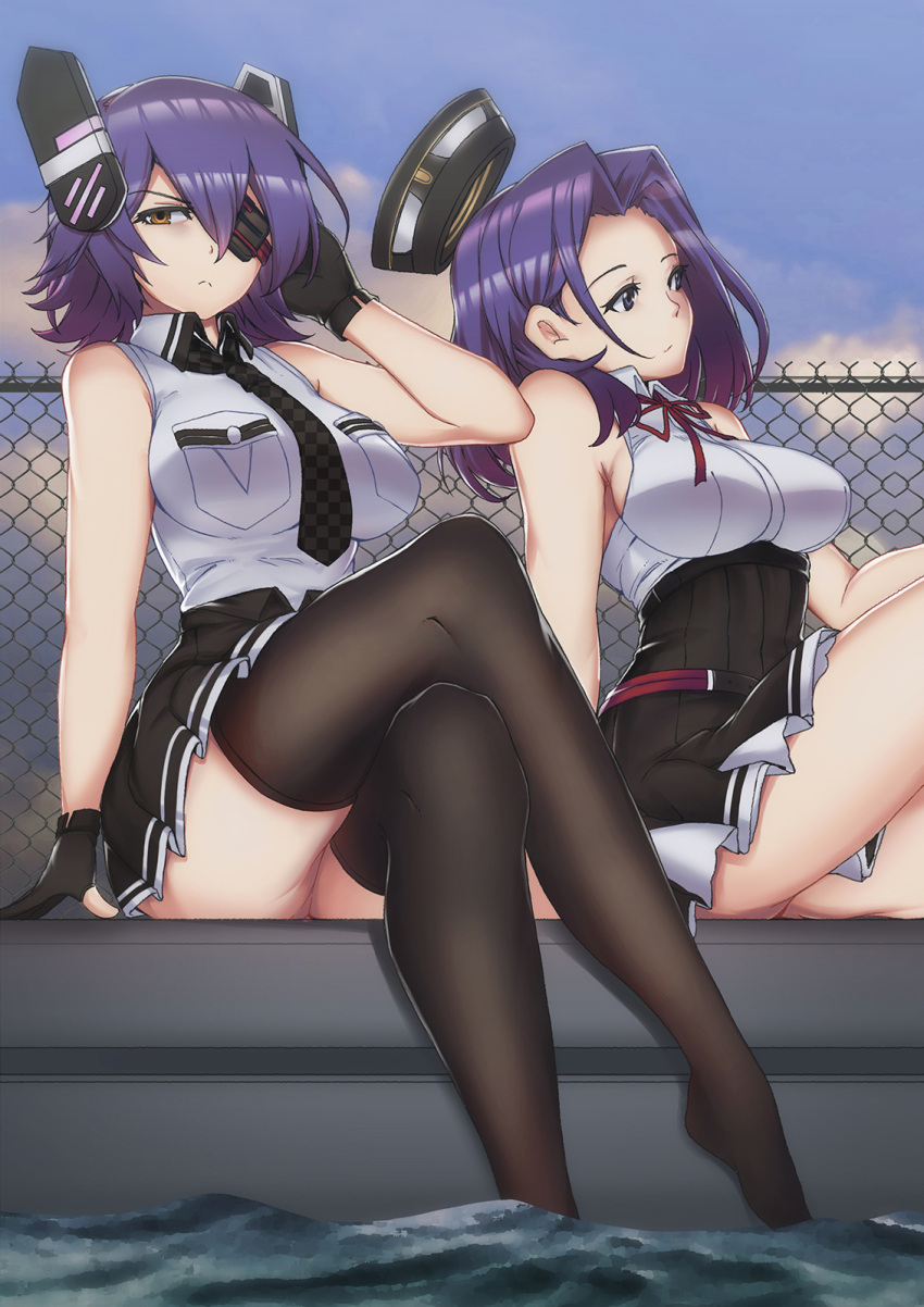 2girls ass bangs bare_shoulders black_gloves black_legwear blush breast_pocket breasts checkered checkered_neckwear collared_shirt dock dress eyebrows_visible_through_hair eyepatch floating_headgear gloves half-closed_eye hand_in_hair head_tilt headgear highres kantai_collection large_breasts legs_crossed long_hair looking_at_viewer looking_away mechanical_halo multiple_girls necktie ocean open_mouth partly_fingerless_gloves persocon93 pleated_skirt pocket purple_hair remodel_(kantai_collection) school_uniform shirt short_hair sidelocks sitting skirt sleveeless_shirt smile tatsuta_(kantai_collection) tenryuu_(kantai_collection) thigh-highs thighs violet_eyes yellow_eyes