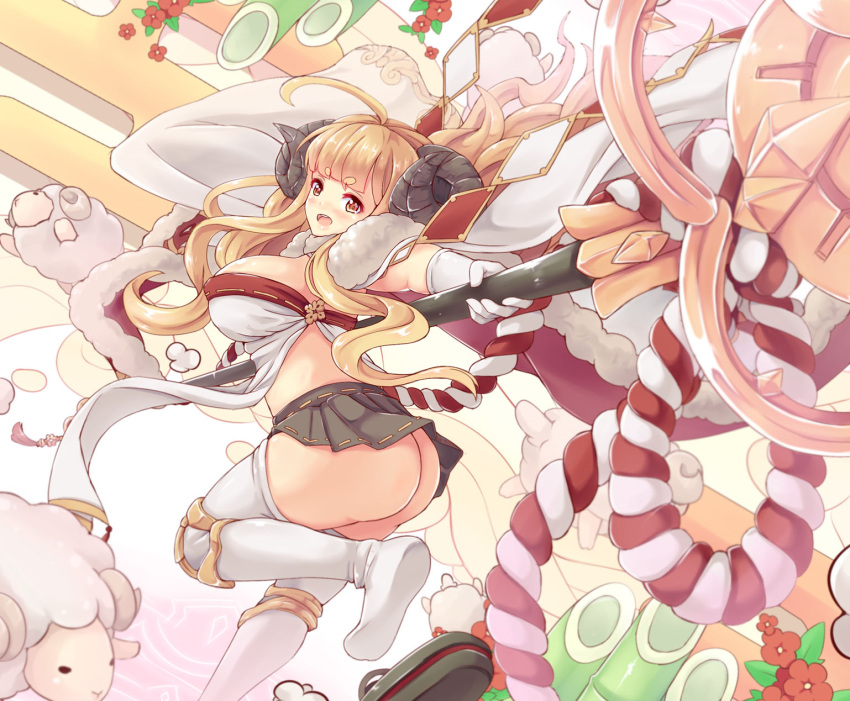 1girl ahoge anila_(granblue_fantasy) ass bamboo blonde_hair blush breasts cloak draph dunceneygak elbow_gloves flower foreshortening fur_trim gloves granblue_fantasy highres horns knee_pads long_hair looking_back microskirt midriff no_panties open_mouth orange_eyes pleated_skirt rope sandal_removed sandals sheep sheep_horns short_eyebrows sideboob skirt solo staff thigh-highs wavy_hair white_gloves white_legwear