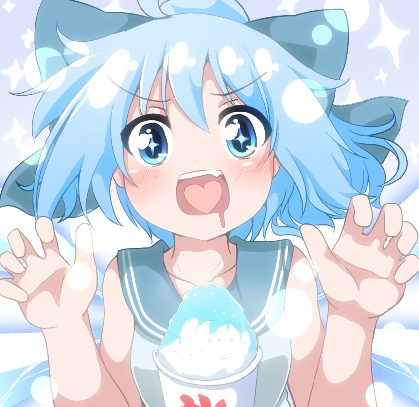 +_+ 1girl :d ahoge blue_bow blue_eyes blue_hair blush bow cirno claw_pose collarbone do_(4-rt) drooling eyebrows_visible_through_hair eyes_visible_through_hair fang hair_bow heart heart_in_mouth looking_at_viewer open_mouth sailor_collar shaved_ice short_hair sleeveless smile solo sparkle touhou upper_body v-shaped_eyebrows