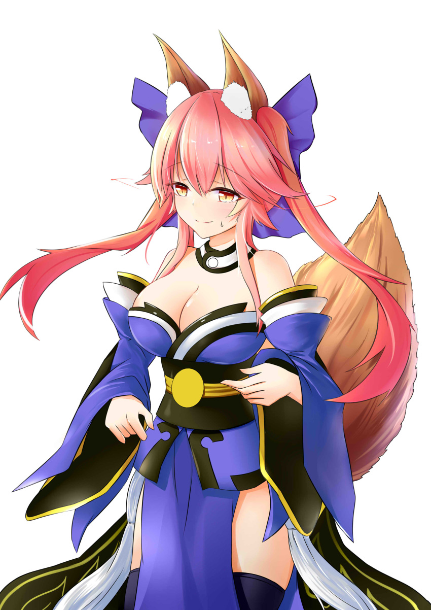 1girl absurdres animal_ears bare_shoulders blue_legwear blue_ribbon breasts cleavage detached_sleeves fang fate/extra fate/extra_ccc fate/grand_order fate_(series) fox_ears fox_tail hair_ribbon highres japanese_clothes large_breasts niseyo_(740909235) pink_hair ribbon simple_background solo sweat tail tamamo_(fate)_(all) tamamo_no_mae_(fate) white_background yellow_eyes
