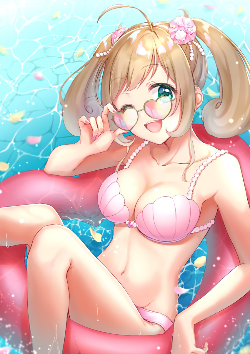 1girl ;d adjusting_eyewear ahoge anoa arm_up armpits bangs bare_arms bare_shoulders bikini breasts brown_hair cleavage collarbone commentary_request day eyebrows_visible_through_hair glint green_eyes hair_ornament head_tilt heart heart-shaped_eyewear highres idolmaster idolmaster_cinderella_girls innertube large_breasts looking_at_viewer nail_polish navel one_eye_closed open_mouth parted_bangs pearl petals petals_on_liquid pink_bikini pink_nails reclining satou_shin shell shiny shiny_hair short_hair sidelocks smile solo stomach sunglasses swimsuit tareme twintails upper_teeth water wet