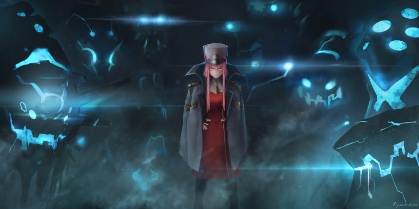 1girl absurdres bangs black_pants blunt_bangs candy darling_in_the_franxx dress food green_eyes grey_cape grey_hat hand_in_hair highres lollipop long_hair looking_at_viewer military military_uniform pants pink_hair red_dress solo standing uniform zero_two_(darling_in_the_franxx)