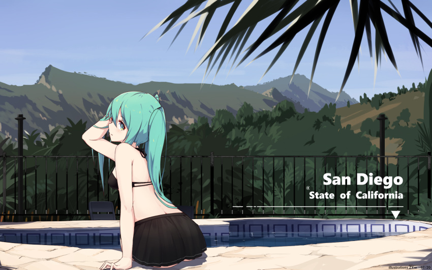 1girl bikini bikini_skirt black_bikini black_skirt fence from_behind green_eyes green_hair hair_between_eyes hatsune_miku highres leaning_forward long_hair looking_at_viewer looking_back outdoors poolside sitting skirt sky solo swimsuit twintails vocaloid zhayin-san