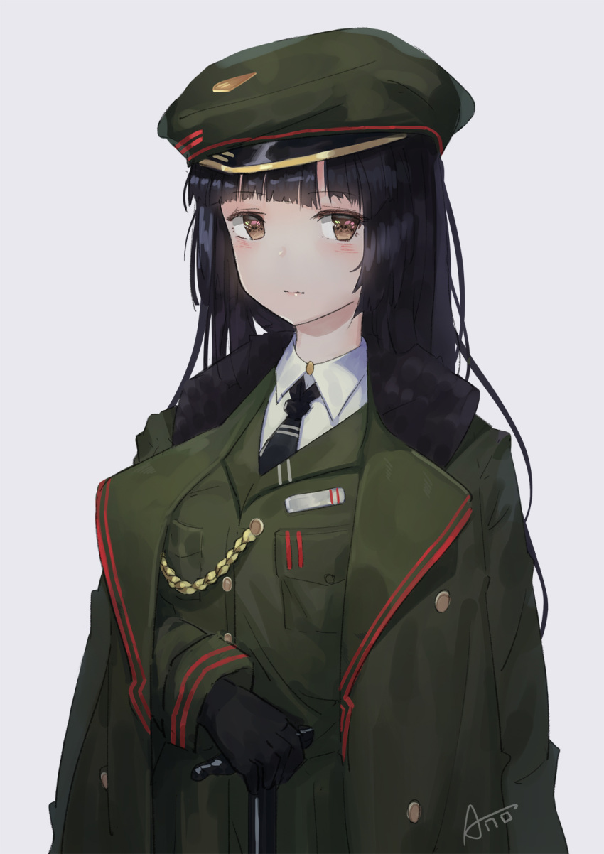 1girl aiguillette ano54 bangs black_hair black_neckwear blush breast_pocket brown_eyes closed_mouth collared_shirt eyebrows_visible_through_hair green_hat green_jacket grey_background hat highres jacket long_hair looking_at_viewer md5_mismatch military military_hat military_jacket military_uniform necktie original peaked_cap pocket shirt signature simple_background solo uniform very_long_hair white_shirt