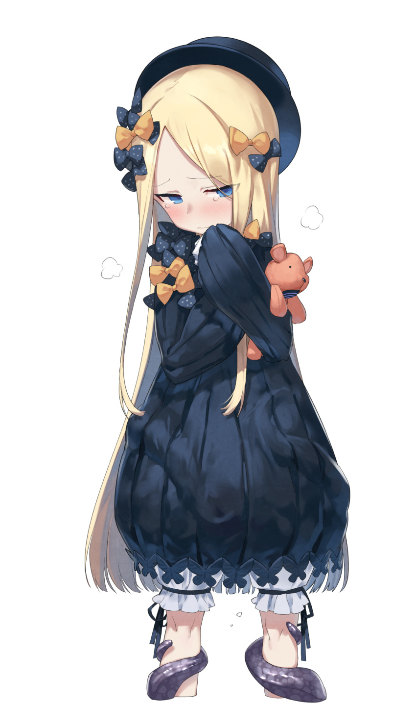 1girl abigail_williams_(fate/grand_order) bangs black_bow black_dress black_hat blonde_hair bloomers blue_eyes blush bow bug butterfly closed_mouth cropped_legs dress eyebrows_visible_through_hair fate/grand_order fate_(series) forehead hair_bow hat highres insect kylin long_hair long_sleeves object_hug orange_bow parted_bangs polka_dot polka_dot_bow sidelocks simple_background sleeves_past_fingers sleeves_past_wrists solo stuffed_animal stuffed_toy tearing_up tears teddy_bear tentacle underwear very_long_hair wavy_mouth white_background white_bloomers