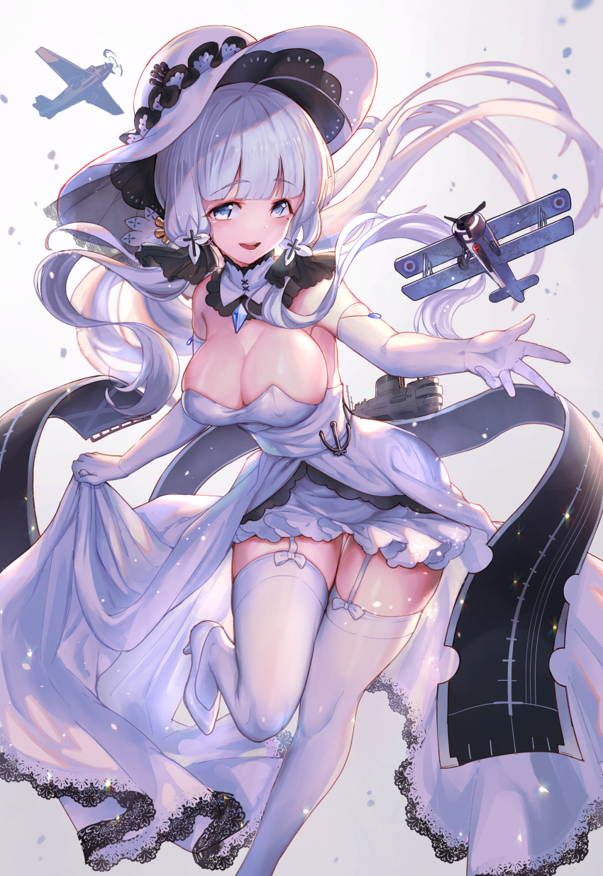 1girl absurdres ahoge aircraft airplane azur_lane back bangs bare_back bare_shoulders black_footwear blue_eyes blunt_bangs breasts cleavage dress elbow_gloves eyebrows eyebrows_visible_through_hair eyelashes flight_deck floating_hair full_body garter_straps gem gloves hair_ornament hat high_heels highres illustrious_(azur_lane) lace lace-trimmed_dress lace_trim large_breasts leg_up light_particles long_hair looking_at_viewer low_twintails machinery matsumoto_mitsuaki mole mole_under_eye open_mouth pumps see-through shoes skindentation skirt_hold smile solo strapless strapless_dress sun_hat thigh-highs turret twintails white white_dress white_footwear white_gloves white_hair white_hat white_legwear zettai_ryouiki