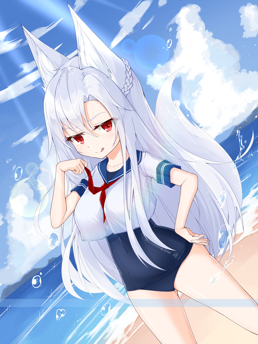 1girl :p absurdres animal_ears arm_up beach braid breasts clouds commission covered_navel crop_top fox_ears fox_tail french_braid hand_on_hip highres long_hair ocean one-piece_swimsuit original outdoors red_eyes school_swimsuit school_uniform serafuku shirt silver_hair sky smile solo swimsuit swimsuit_under_clothes tail tongue tongue_out white_shirt yeosi