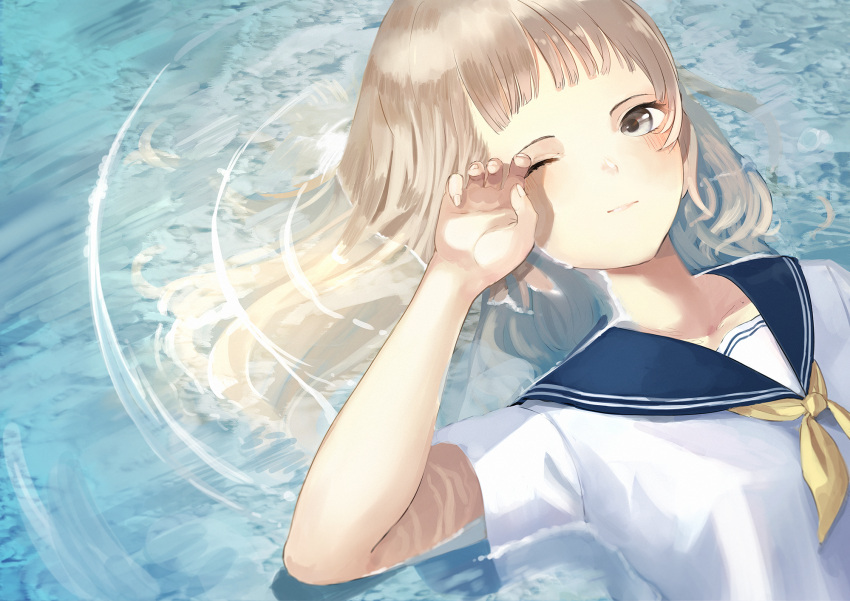 1girl arm_up bangs blue_sailor_collar blush closed_mouth commentary_request day grey_eyes highres light_brown_hair long_hair looking_at_viewer lying neckerchief on_back one_eye_closed original outdoors ripples rubbing_eyes sailor_collar school_uniform serafuku shallow_water shii_(kairi-t-k0317) shirt short_sleeves solo water white_shirt yellow_neckwear