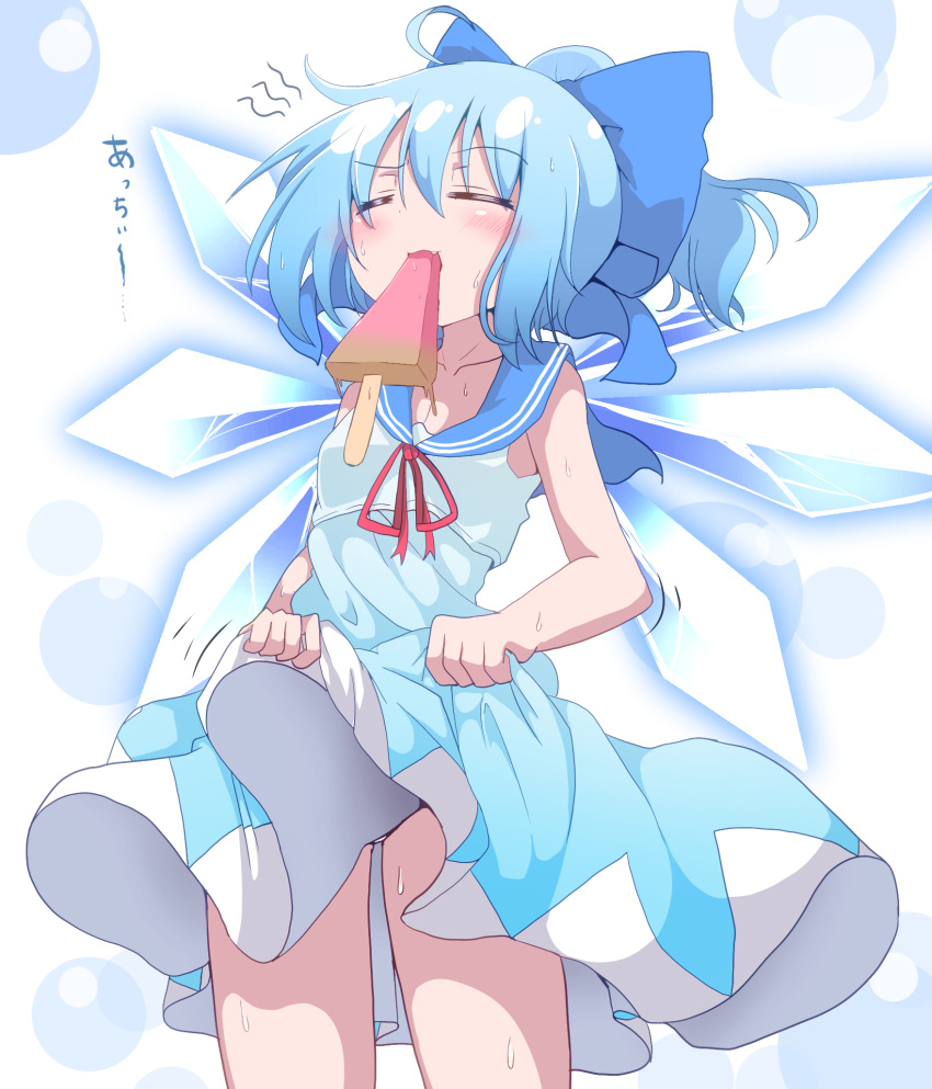 1girl adapted_costume blue_bow blue_eyes bow cirno closed_eyes do_(4-rt) dress fang food hair_bow highres ice ice_wings mouth_hold popsicle sailor_dress short_hair skirt_hold sleeveless sleeveless_dress solo sweat touhou wings