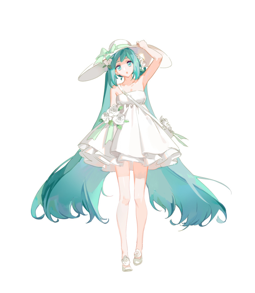 1girl armpits blue_eyes blue_hair bow collarbone dress floating_hair flower full_body green_bow green_ribbon hair_flower hair_ornament hand_on_headwear hat hat_bow hat_ribbon hatsune_miku head_tilt highres long_hair looking_at_viewer open_mouth ribbon simple_background sleeveless sleeveless_dress solo standing strapless strapless_dress sun_hat twintails very_long_hair vocaloid white_background white_dress white_flower white_hat yyb