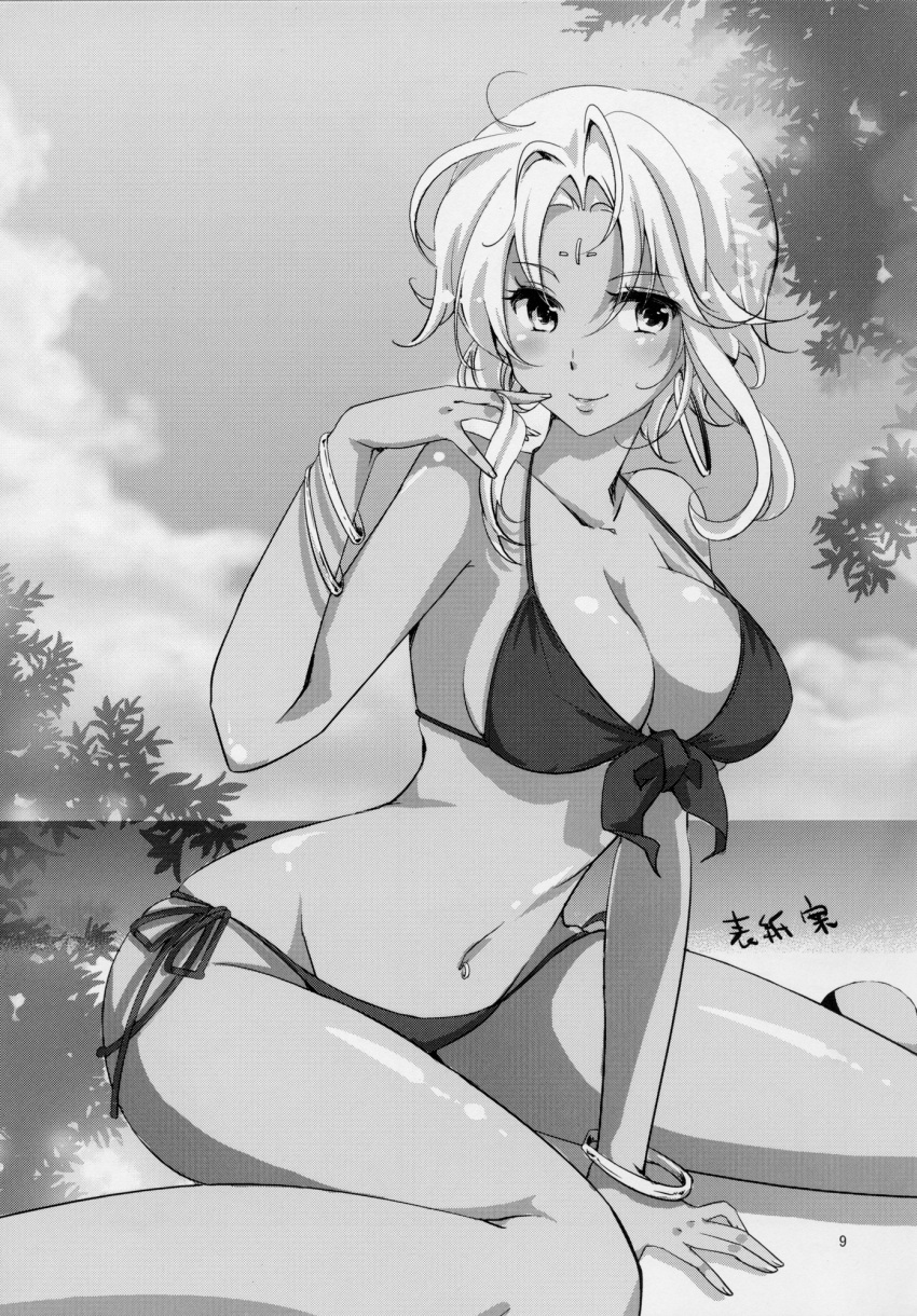 1girl bangs between_legs bikini bracelet breasts cleavage clouds cloudy_sky collarbone earrings eiyuu_densetsu forehead_jewel greyscale hanabi_(usagibakudan) hand_between_legs hand_in_hair highres hoop_earrings jewelry large_breasts monochrome navel navel_piercing ocean page_number parted_bangs piercing scherazard_harvey short_hair side-tie_bikini sitting sky smile solo sora_no_kiseki swimsuit tree wariza