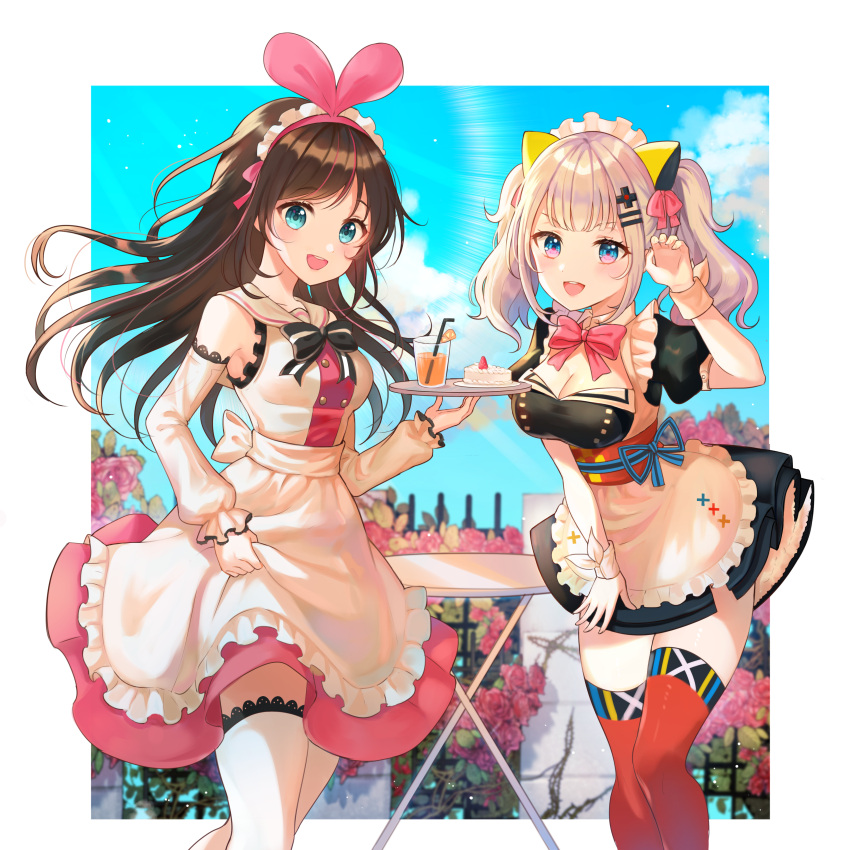 2girls a.i._channel absurdres animal_ears apron bangs black_neckwear blue_eyes bow bowtie breasts brown_hair cake cat_ears claw_pose cleavage commentary_request cup d-pad d-pad_hair_ornament day detached_collar detached_sleeves drinking_glass drinking_straw fake_animal_ears flower food grey_hair hair_ornament hair_ribbon hairpin hand_up highlights highres holding holding_tray kaguya_luna kaguya_luna_(character) kizuna_ai looking_at_viewer maid maid_headdress medium_breasts multicolored_hair multiple_girls obi orange_juice outdoors pink_neckwear pink_ribbon pink_skirt red_legwear ribbon sailor_collar sash short_sleeves sidelocks skirt skirt_hold striped_neckwear table thigh-highs tokkyu_(user_mwwe3558) tray twintails virtual_youtuber waist_apron white_apron white_legwear wrist_cuffs