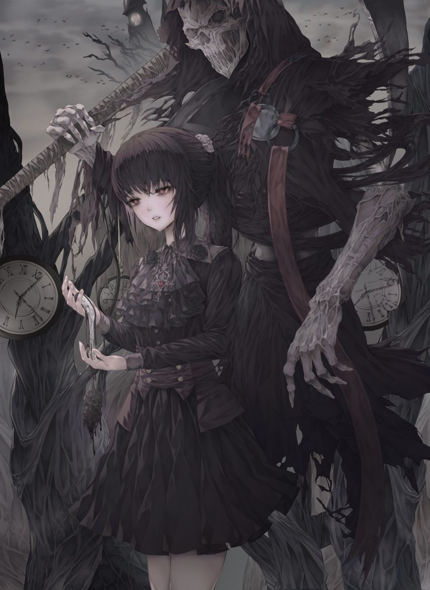 1girl absurdres analog_clock bags_under_eyes bangs bare_tree bird black black_dress black_flower black_hair black_rose bone clock clouds cloudy_sky commentary_request death_(entity) dress expressionless eyebrows_visible_through_hair flower gem gothic_lolita grey_sky grim_reaper hair_between_eyes hair_ornament half-closed_eyes highres holding holding_scythe hood hood_up jewelry legs_together lolita_fashion long_hair long_sleeves looking_away myless necklace o-ring original outdoors pale_skin parted_lips ponytail red_eyes roman_numerals rose scythe short_dress sidelocks skull sky standing torn_clothes tree wind