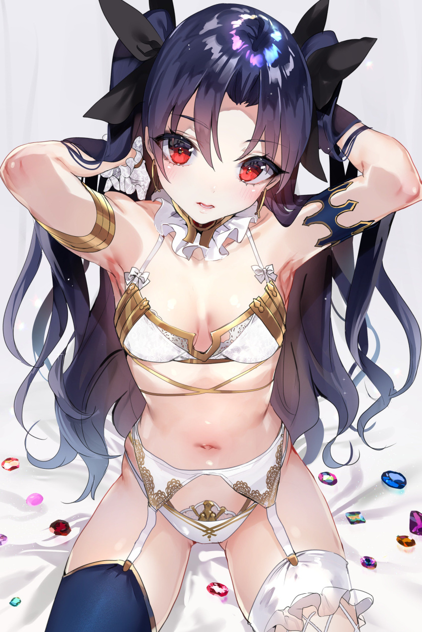 1girl absurdres adapted_costume armlet armpits arms_up black_hair bow bra breasts detached_collar fate/grand_order fate_(series) from_above garter_belt gloves hair_bow head_tilt highres hoyashi_rebirth ishtar_(fate/grand_order) leg_garter long_hair looking_at_viewer navel navy_blue_legwear panties parted_lips red_eyes single_thighhigh small_breasts solo thigh-highs tohsaka_rin two_side_up underwear white_bra white_gloves white_panties