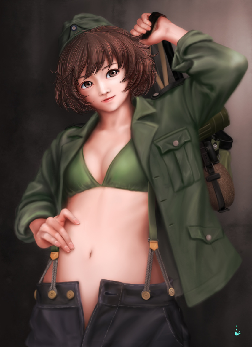 1girl akiyama_yukari arm_up bag bikini_top breasts brown_eyes brown_hair commentary_request ebi_(eeotoko) eyelashes facing_viewer flask girls_und_panzer green_bikini_top hand_on_hip hat highres jacket lips military_hat military_jacket navel open_clothes open_jacket short_hair small_breasts solo stomach suspenders swimsuit swimsuit_under_clothes unbuttoned