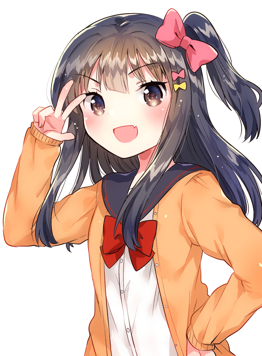 1girl :d absurdres arm_up bangs black_sailor_collar blush bow bowtie brown_cardigan brown_eyes brown_hair cardigan dress_shirt eyebrows_visible_through_hair fang hair_between_eyes hair_bow hand_on_hip highres ichihaya long_hair long_sleeves looking_at_viewer one_side_up open_cardigan open_clothes open_mouth original pink_bow red_neckwear sailor_collar school_uniform serafuku shirt simple_background sleeves_past_wrists smile solo upper_body v v-shaped_eyebrows white_background white_shirt yellow_bow