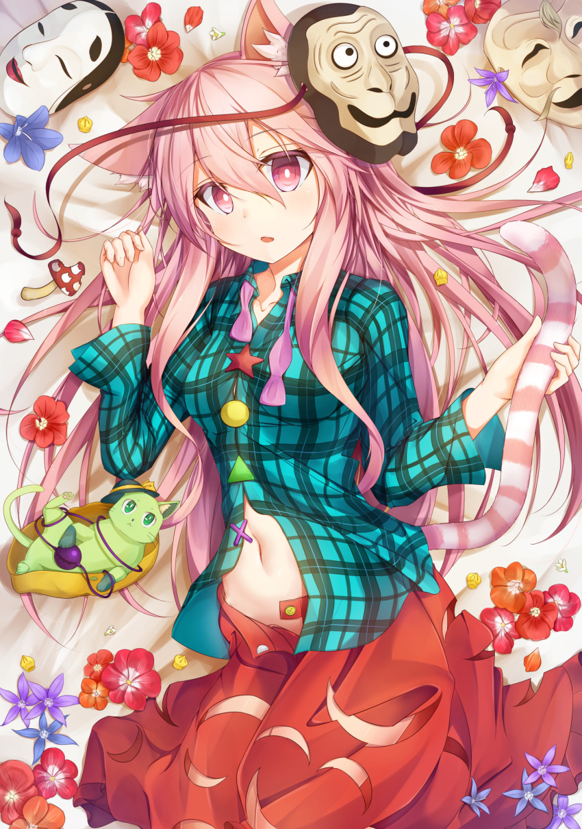 1girl animal_ears animalization aqua_shirt black_hat blue_flower bow breasts cat cat_ears cat_tail circle collarbone commentary_request cowboy_shot eyebrows_visible_through_hair flower green_cat green_eyes hair_between_eyes hand_up hat hat_bow hata_no_kokoro highres holding_tail kemonomimi_mode komeiji_koishi long_hair long_sleeves looking_at_viewer lying mask mask_on_head medium_breasts moai21 mushroom navel neck_ribbon on_back parted_lips petals pink_eyes pink_hair plaid plaid_shirt purple_flower purple_neckwear purple_ribbon red_flower red_skirt ribbon shirt skirt solo star tail thighs third_eye touhou triangle very_long_hair white_flower wing_collar x yellow_bow