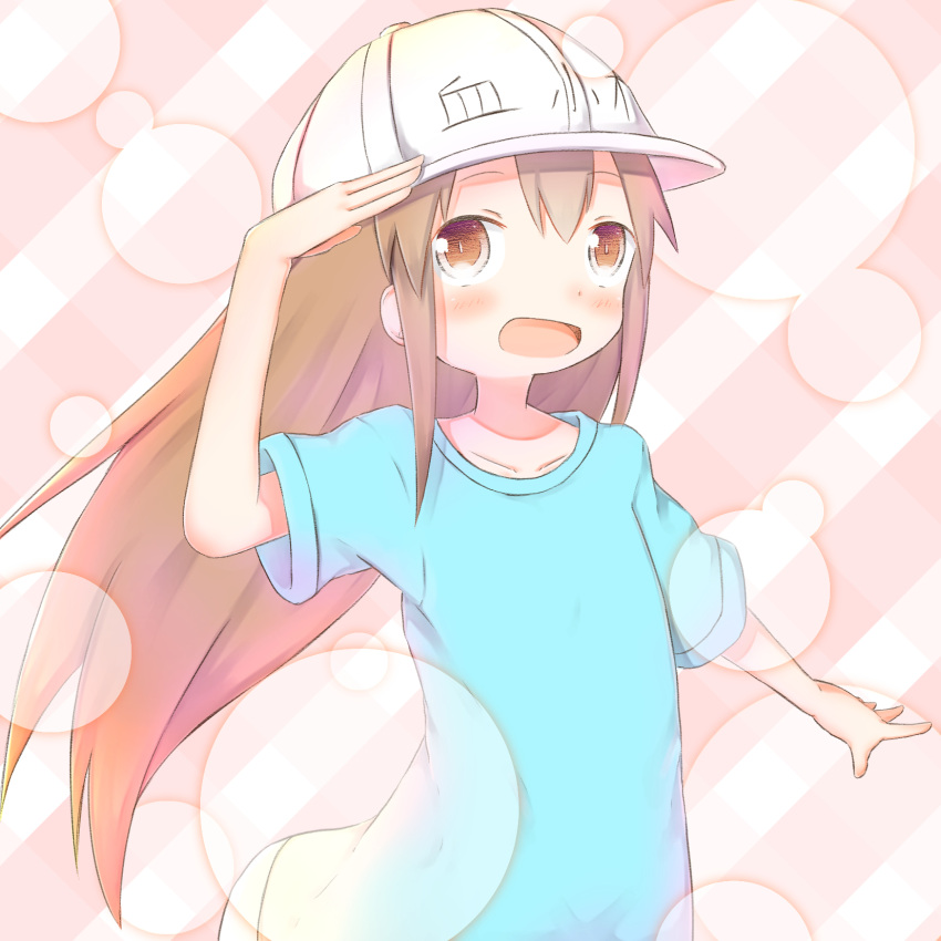 1girl :d arm_up bangs blue_shirt blush brown_eyes brown_hair character_name collarbone commentary_request eyebrows_visible_through_hair flat_cap hair_between_eyes hat hataraku_saibou highres long_hair open_mouth outstretched_arm platelet_(hataraku_saibou) salute shirt short_sleeves smile solo su_guryu very_long_hair white_hat