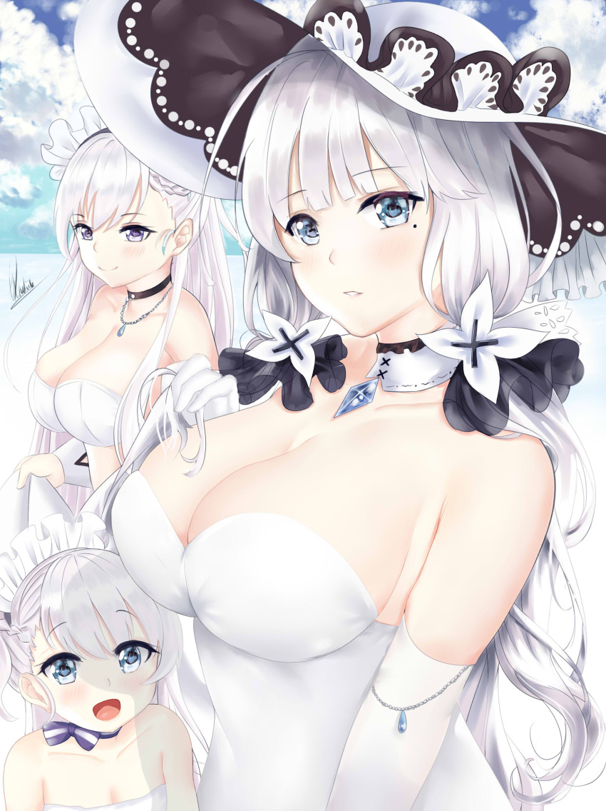3girls alternate_costume armlet azur_lane bangs belchan_(azur_lane) belfast_(azur_lane) bikini blue_eyes blue_sky blush braid breasts choker cleavage closed_mouth clouds collarbone day dress elbow_gloves eyebrows_visible_through_hair frills gloves hair_ornament hair_ribbon hat highres illustrious_(azur_lane) jewelry lace-trimmed_hat large_breasts long_hair looking_at_viewer low_twintails maid_headdress mole mole_under_eye multiple_girls necklace one_side_up open_mouth outdoors parted_lips pendant piukute062 ribbon sapphire_(stone) signature silver_hair sky smile strapless strapless_dress sun_hat swimsuit tress_ribbon twintails white_bikini white_dress white_gloves white_hair white_hat younger