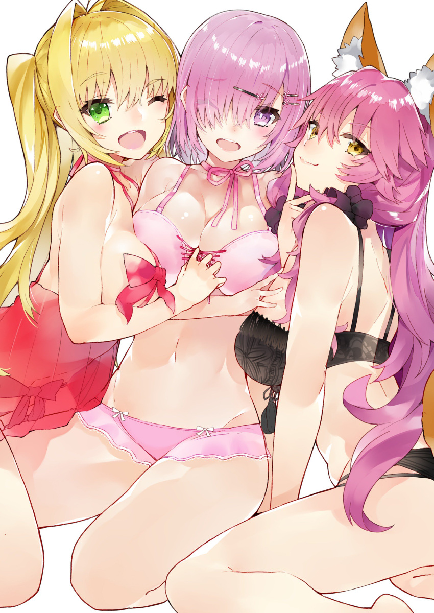 3girls ;d absurdres animal_ears black_bra black_panties blonde_hair bra breasts bright_pupils choker cleavage eyebrows_visible_through_hair fate/grand_order fate_(series) fox_ears fox_tail green_eyes hair_intakes hair_ornament hair_over_one_eye hair_over_shoulder hairclip hand_on_another's_chest highres kou_mashiro large_breasts leaning_forward lingerie long_hair looking_at_viewer mash_kyrielight multiple_girls navel negligee nero_claudius_(fate)_(all) one_eye_closed one_side_up open_mouth panties pink_bra pink_hair pink_panties ribbon_choker see-through short_hair simple_background sitting smile tail tamamo_(fate)_(all) underwear underwear_only violet_eyes white_background white_pupils yellow_eyes yokozuwari