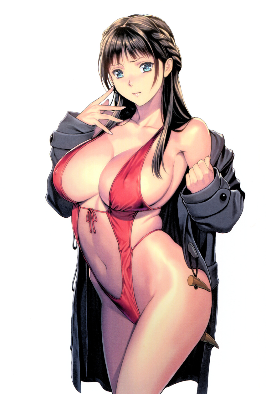 1girl absurdres bangs bare_shoulders bikini bikini_under_clothes blue_eyes braid breasts brown_hair buttons closed_mouth coat collarbone curvy erect_nipples fingernails half_updo highres homare_(fool's_art) large_breasts lips long_coat long_hair long_sleeves looking_at_viewer navel off_shoulder one-piece_swimsuit open_clothes open_coat original scan simple_background solo swimsuit swimsuit_under_clothes thighs toggles white_background