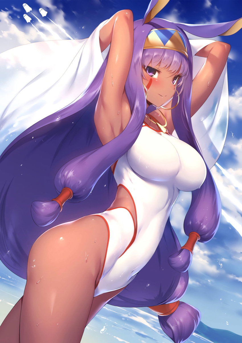 1girl animal_ears armpits arms_up beach blue_sky blush breasts contrapposto covered_navel cowboy_shot dark_skin day dutch_angle earrings eyebrows_visible_through_hair facial_mark fate/grand_order fate_(series) hairband highres hoop_earrings impossible_clothes impossible_swimsuit jewelry large_breasts long_hair looking_at_viewer low-tied_long_hair m-da_s-tarou medjed necklace nitocris_(fate/grand_order) nitocris_(swimsuit_assassin)_(fate) one-piece_swimsuit outdoors purple_hair sidelocks sky smile solo sweat swimsuit very_long_hair violet_eyes white_swimsuit