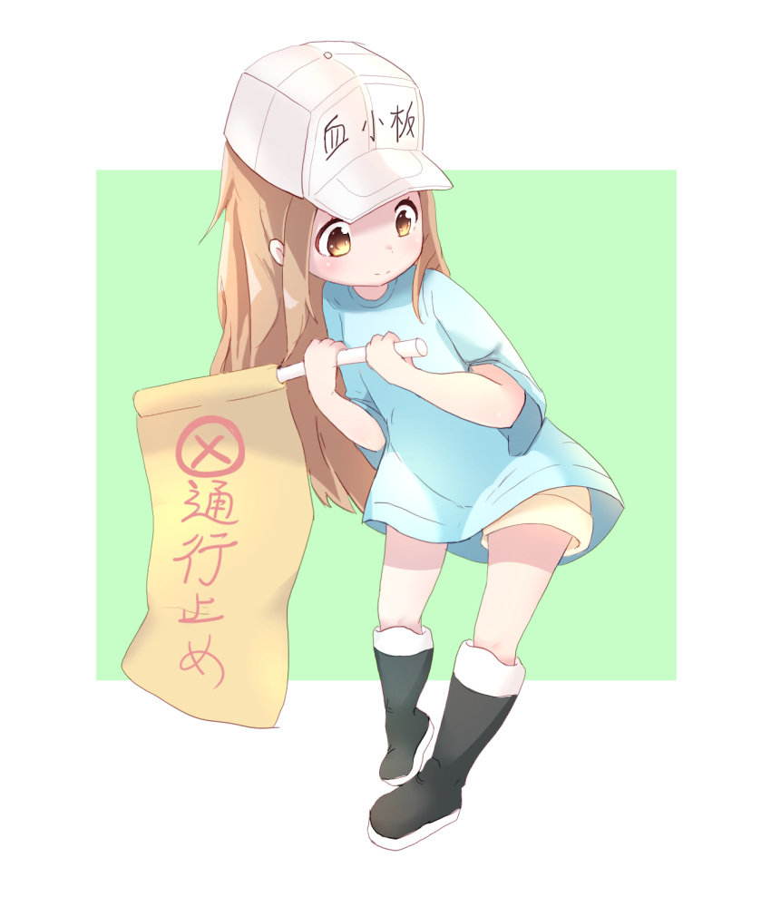 1girl black_footwear blue_shirt boots brown_eyes brown_shorts character_name closed_mouth commentary_request flag flat_cap green_background hands_up hat hataraku_saibou highres holding holding_flag knee_boots light_brown_hair long_hair looking_away looking_to_the_side platelet_(hataraku_saibou) shiro_hakuchou shirt short_shorts short_sleeves shorts solo standing two-tone_background very_long_hair white_background white_hat
