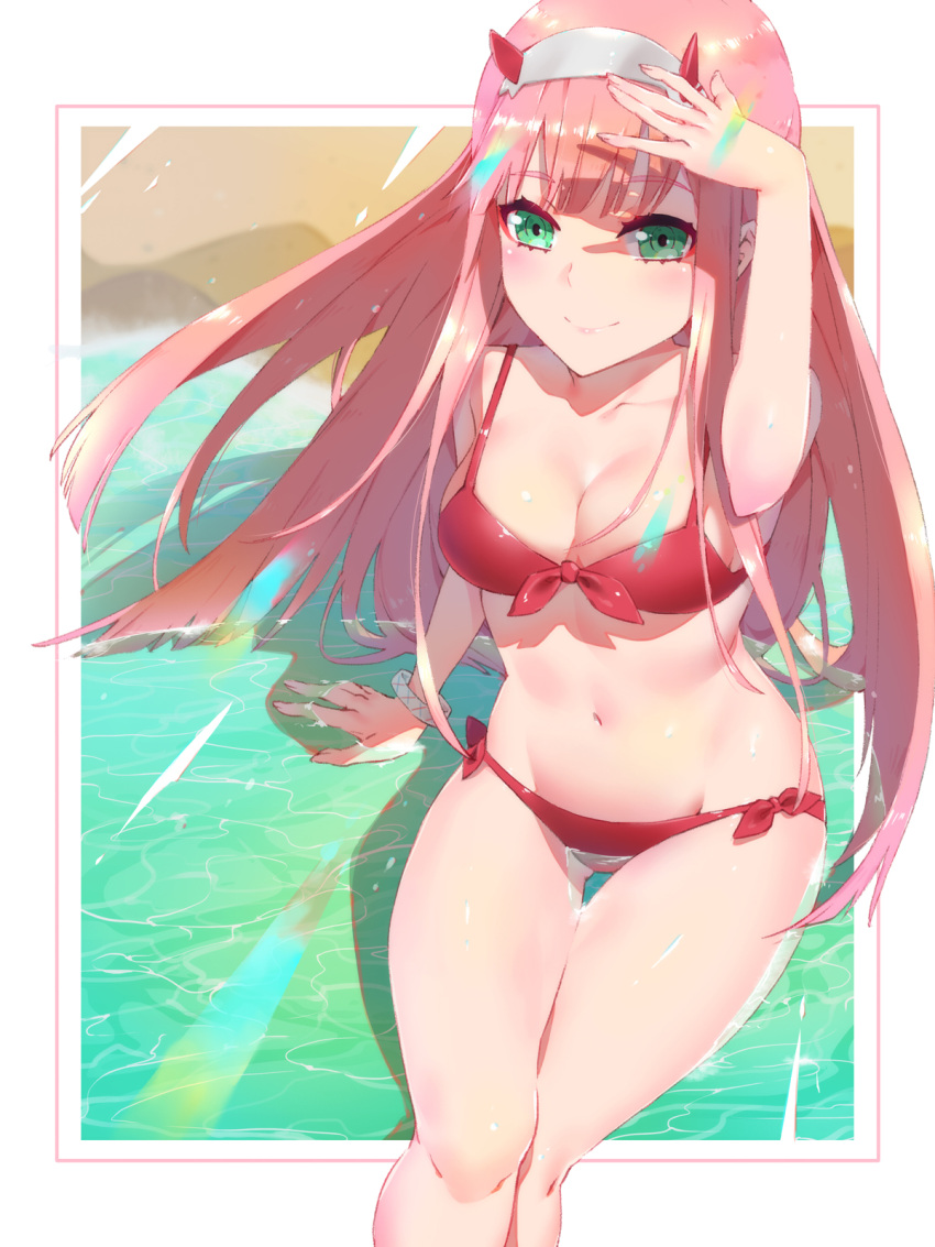 1girl beach bikini breasts cleavage darling_in_the_franxx feet_out_of_frame green_eyes hairband highres light_rays medium_breasts oni_horns pink_hair red_bikini red_horns shading_face side-tie_bikini sitting solo sunbeam sunlight swimsuit thigh_gap waterring white_hairband zero_two_(darling_in_the_franxx)