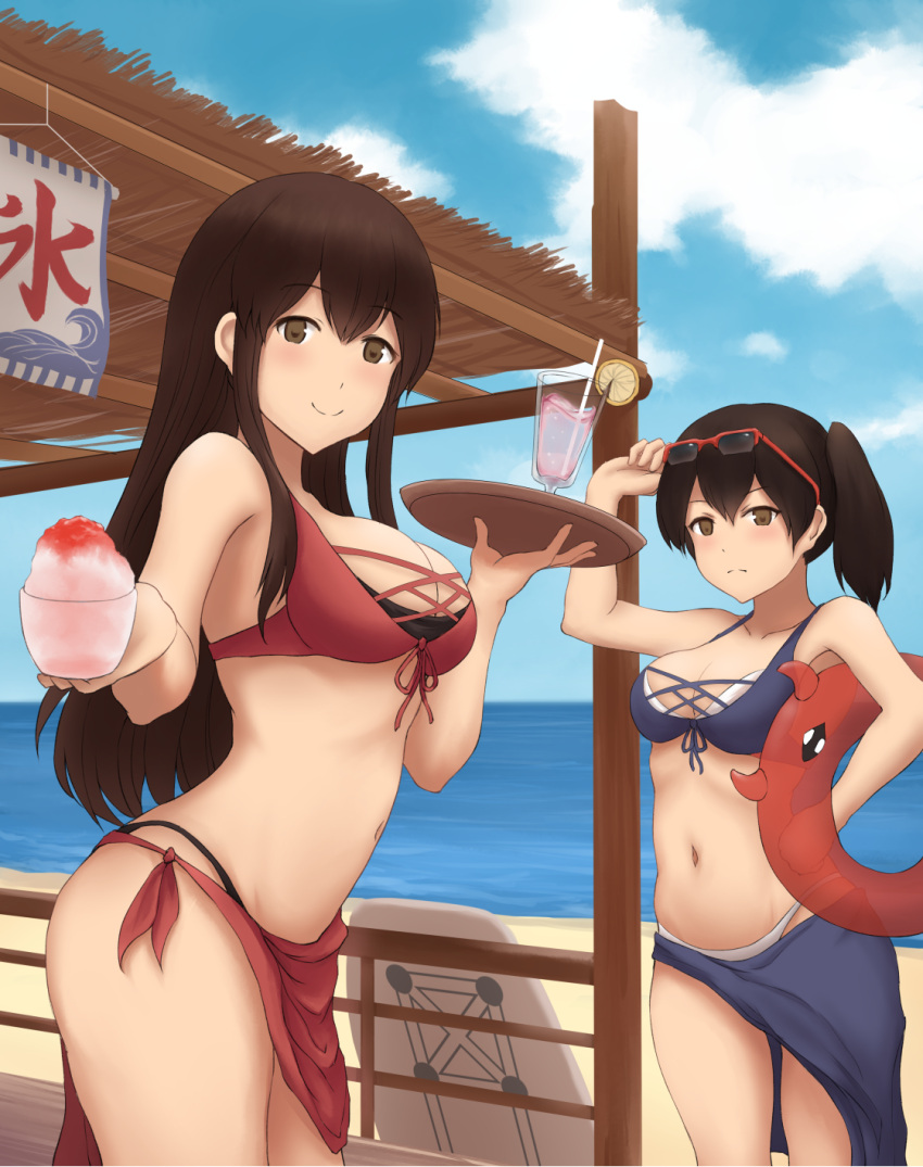 2girls akagi_(azur_lane) akagi_(azur_lane)_(cosplay) akagi_(kantai_collection) azur_lane beach black_bikini_bottom blue_bikini_top blue_sarong blue_sky brown_eyes brown_hair clouds cosplay cowboy_shot day drink enemy_lifebuoy_(kantai_collection) eyewear_on_head highres k_jie kaga_(azur_lane) kaga_(azur_lane)_(cosplay) kaga_(kantai_collection) kantai_collection kickboard long_hair looking_at_viewer multiple_girls namesake outdoors parted_lips red_bikini_top red_sarong shaved_ice sky standing sunglasses tray white_bikini_bottom