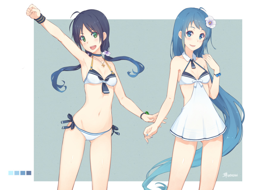 2girls :d ahoge arm_up armpits bangs bare_shoulders bikini blue_eyes blue_hair blue_nails blush breasts choker cleavage collarbone dan_(kumadan) eyebrows_visible_through_hair flower gluteal_fold hair_flower hair_ornament halter_top halterneck jewelry kantai_collection long_hair looking_at_viewer low_twintails mini_necktie multiple_girls nail_polish navel necklace open_mouth sailor_collar samidare_(kantai_collection) side-tie_bikini simple_background small_breasts smile standing suzukaze_(kantai_collection) swimsuit twintails upper_teeth very_long_hair white_bikini