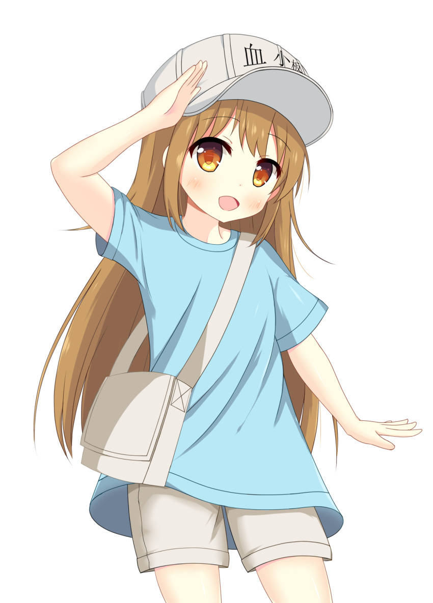 1girl :d arm_up bag bangs blue_shirt blush brown_eyes brown_hair character_name clothes_writing commentary_request cowboy_shot eyebrows_visible_through_hair flat_cap grey_hat grey_shorts hat hataraku_saibou highres long_hair looking_at_viewer open_mouth platelet_(hataraku_saibou) salute shirt short_shorts short_sleeves shorts shoulder_bag simple_background smile solo very_long_hair white_background xiaosamiao