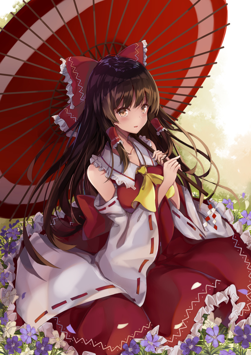 1girl absurdres ascot bangs bare_shoulders blue_flower blush bow breasts brown_eyes brown_hair chinese_commentary collarbone commentary_request detached_sleeves dress eyebrows_visible_through_hair field flower flower_field frilled_bow frilled_shirt_collar frills hair_bow hair_tubes hakurei_reimu highres holding holding_umbrella long_hair long_sleeves looking_at_viewer oriental_umbrella parted_lips petals petticoat red_bow red_dress red_umbrella ribbon-trimmed_sleeves ribbon_trim smile solo touhou umbrella usagi_an white_flower wide_sleeves yellow_neckwear