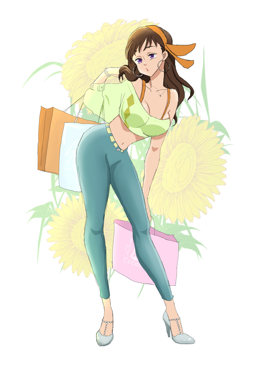 1girl absurdres alternate_costume alternate_hairstyle asymmetrical_shirt bag belt bracelet breasts brown_hair capri_pants cleavage collarbone contemporary contrapposto crop_top diane_(nanatsu_no_taizai) earrings eyelashes floral_background flower_request hair_ribbon hand_in_hair hand_on_own_knee high_heels highres holding holding_bag hoop_earrings jewelry leaning_forward lips long_hair looking_to_the_side midriff nanatsu_no_taizai navel necklace off-shoulder_shirt orange_ribbon pants pursed_lips ribbon shirt shopping_bag sketch solo spaghetti_strap violet_eyes yukai118
