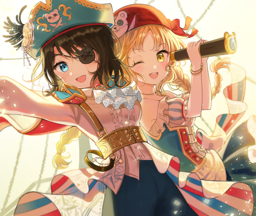 2girls ;d alternate_hairstyle arm_up ascot bang_dream! bangs black_hair blonde_hair blue_eyes bracelet braid cape center_frills character_print corset eyepatch frilled_sleeves frills glint hat head_scarf highres holding jewelry long_hair long_sleeves michelle_(bang_dream!) multiple_girls necklace okusawa_misaki one_eye_closed open_mouth overskirt pants pirate pirate_hat print_hat round_teeth short_hair short_sleeves smile spyglass teeth tokkyu_(user_mwwe3558) tsurumaki_kokoro twin_braids upper_teeth yellow_eyes