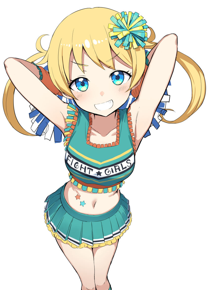 1girl :d absurdres armpits arms_behind_back arms_up bare_shoulders blonde_hair blue_eyes blush breasts cheerleader collarbone greatmosu hair_ornament highres looking_at_viewer midriff navel open_mouth pleated_skirt pom_poms simple_background skirt smile solo star teeth twintails white_background