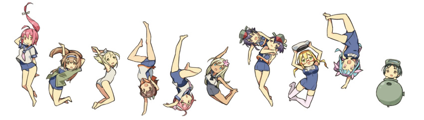 6+girls :d ahoge asymmetrical_hair barefoot black_hair black_sailor_collar black_swimsuit blonde_hair blue_hair blue_sailor_collar blue_swimsuit breasts brown_eyes brown_hair commentary_request diving_mask diving_mask_on_head flower glasses green_eyes hair_flower hair_ornament hairband hat highres holding holding_hat i-13_(kantai_collection) i-14_(kantai_collection) i-168_(kantai_collection) i-19_(kantai_collection) i-26_(kantai_collection) i-401_(kantai_collection) i-504_(kantai_collection) i-58_(kantai_collection) i-8_(kantai_collection) kantai_collection large_breasts light_brown_eyes light_brown_hair long_hair luigi_torelli_(kantai_collection) maru-yu_(kantai_collection) multiple_girls name_tag new_school_swimsuit nonco open_mouth pink_eyes pink_flower pink_hair ponytail red-framed_eyewear red_eyes ro-500_(kantai_collection) sailor_collar sailor_shirt school_swimsuit shirt short_hair short_sleeves simple_background sleeveless sleeveless_shirt smile swimsuit thigh-highs tri_tails two-tone_hairband two_side_up white_background white_hat white_legwear white_shirt white_swimsuit