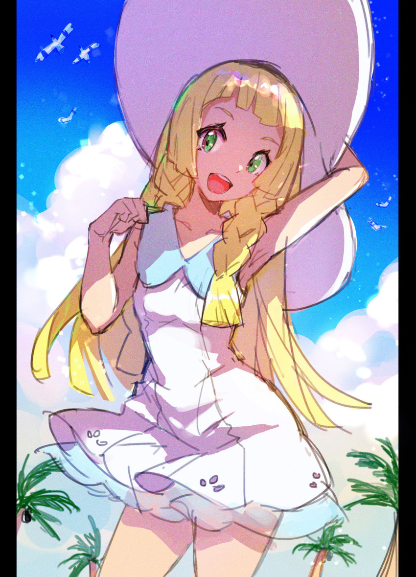 1girl arm_behind_head blonde_hair blue_sky braid clouds day dress green_eyes hat highres honyaru_(nanairo39) lillie_(pokemon) long_hair open_mouth palm_tree pokemon pokemon_(game) pokemon_sm sky sleeveless sleeveless_dress solo standing sun_hat tree twin_braids white_dress white_hat