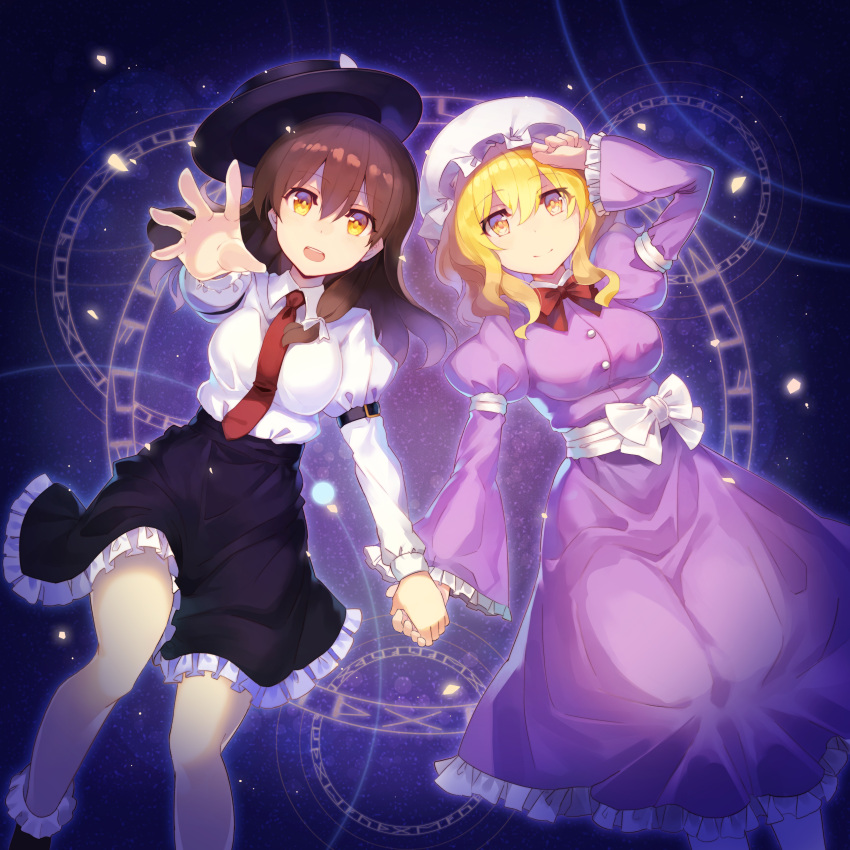 2girls absurdres arm_up black_footwear black_hat black_skirt blonde_hair blue_background bobby_socks bow bowtie breasts brown_hair commentary_request dress eyebrows_visible_through_hair fedora feet_out_of_frame hair_between_eyes hair_ribbon hand_holding hat hat_bow highres juliet_sleeves large_breasts long_hair long_sleeves maribel_hearn mob_cap multiple_girls necktie outstretched_arm petticoat puffy_sleeves purple_dress reaching_out red_bow red_neckwear ribbon rin_falcon sash shirt shoes skirt socks thighs touhou usami_renko white_bow white_hat white_legwear white_ribbon white_sash white_shirt wide_sleeves wing_collar yellow_eyes