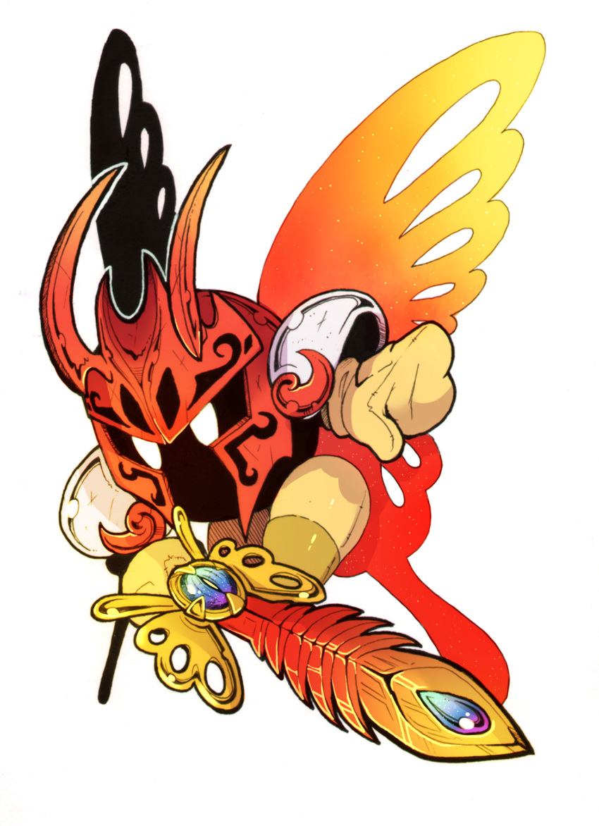 1boy bug butterfly butterfly_wings graphite_(medium) hagalaz highres holding holding_sword holding_weapon horns insect kirby:_star_allies kirby_(series) mechanical_pencil morpho_knight pencil spoilers sword traditional_media weapon white_eyes wings