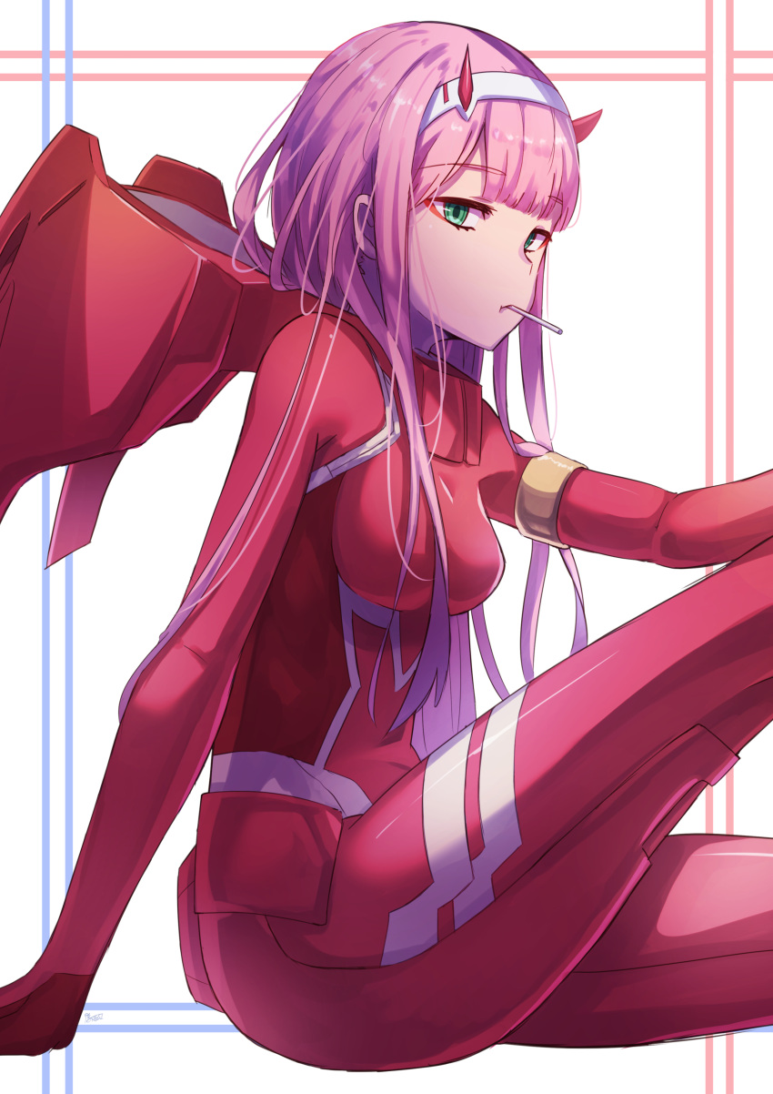 1girl absurdres bangs blunt_bangs bodysuit breasts candy darling_in_the_franxx eyebrows_visible_through_hair food from_side green_eyes hairband highres horns invisible_chair kamonegi_(meisou1998) lollipop long_hair looking_at_viewer medium_breasts pilot_suit pink_hair red_bodysuit sitting solo white_hairband zero_two_(darling_in_the_franxx)