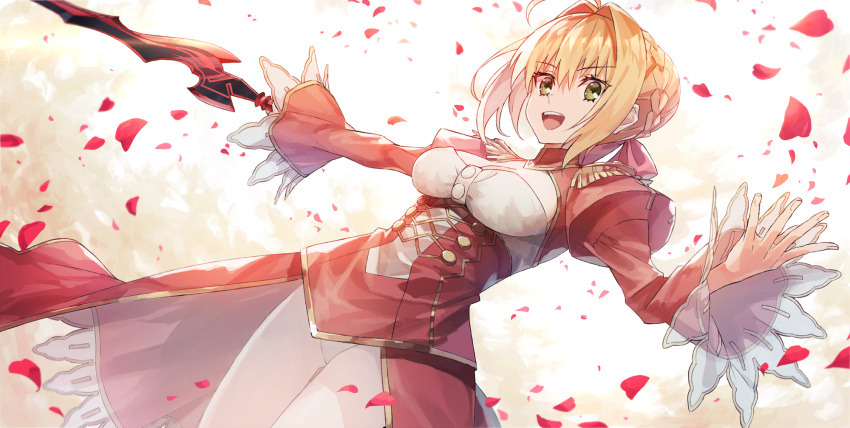 1girl :d aestus_estus ahoge blonde_hair breasts cleavage epaulettes fate/extra fate_(series) green_eyes highres holding holding_sword holding_weapon k-me long_sleeves looking_at_viewer medium_breasts nero_claudius_(fate) nero_claudius_(fate)_(all) open_mouth outstretched_arm petals smile solo sword weapon
