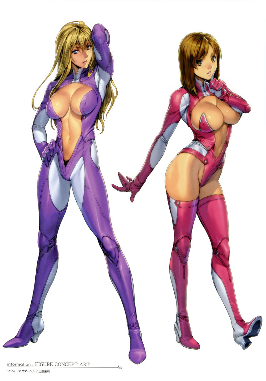 2girls absurdres arm_behind_head arm_up armpits bangs black_panties blonde_hair blue_eyes bodysuit breasts breasts_apart brown_eyes brown_hair center_opening cleavage clenched_hand erect_nipples finger_to_cheek from_side full_body gloves grin groin hair_between_eyes hand_on_hip head_tilt high_heels highleg highleg_leotard highres hips homare_(fool's_art) lace lace-trimmed_panties large_breasts legs_apart leotard light_smile lips lipstick long_hair looking_at_viewer makeup multiple_girls navel no_bra open_clothes original outstretched_arm panties parted_lips pink_legwear pink_leotard purple_bodysuit scan seamed_legwear shiny shiny_skin short_hair shouza_mari side-seamed_legwear simple_background skin_tight smile sophie_mcmarvel standing thigh-highs turtleneck underwear white_background