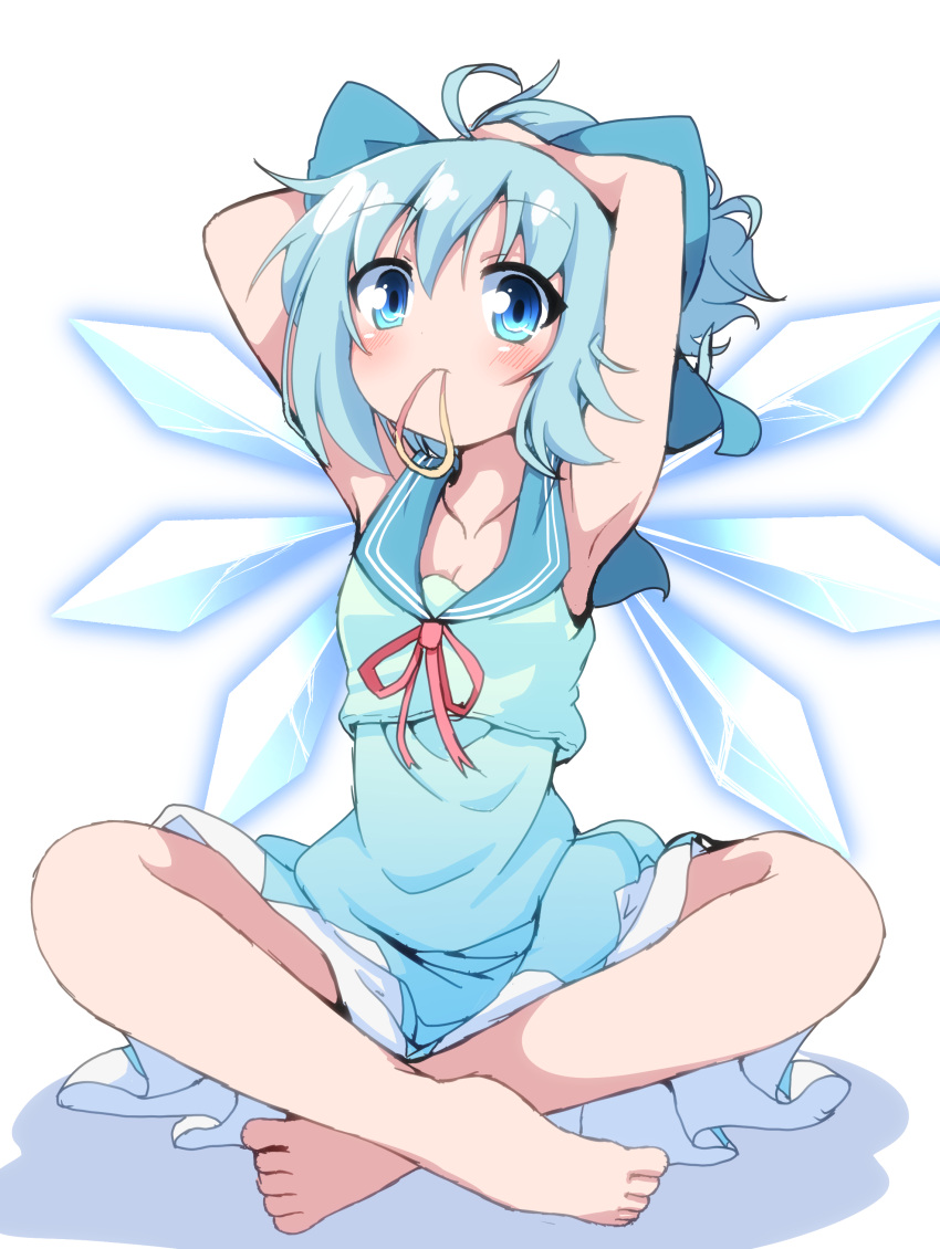 1girl absurdres adapted_costume arms_up barefoot blue_bow blue_eyes blue_hair bow cirno collarbone do_(4-rt) dress eyebrows_visible_through_hair eyes_visible_through_hair full_body hair_bow hair_tie_in_mouth highres ice ice_wings legs_crossed looking_at_viewer mouth_hold sailor_dress short_hair simple_background sitting sleeveless sleeveless_dress solo touhou white_background wings